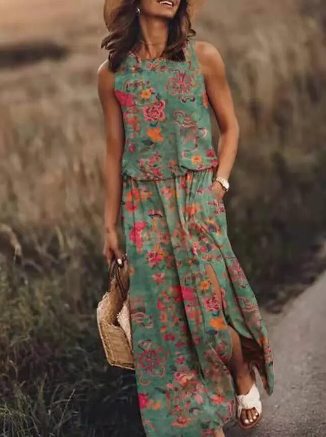 Sleeveless Maxi Dress Elastic Waist Boho Summer Floral - Light Green