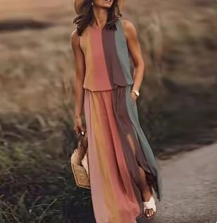 Sleeveless Maxi Dress Elastic Waist Boho Summer Floral - Ombre