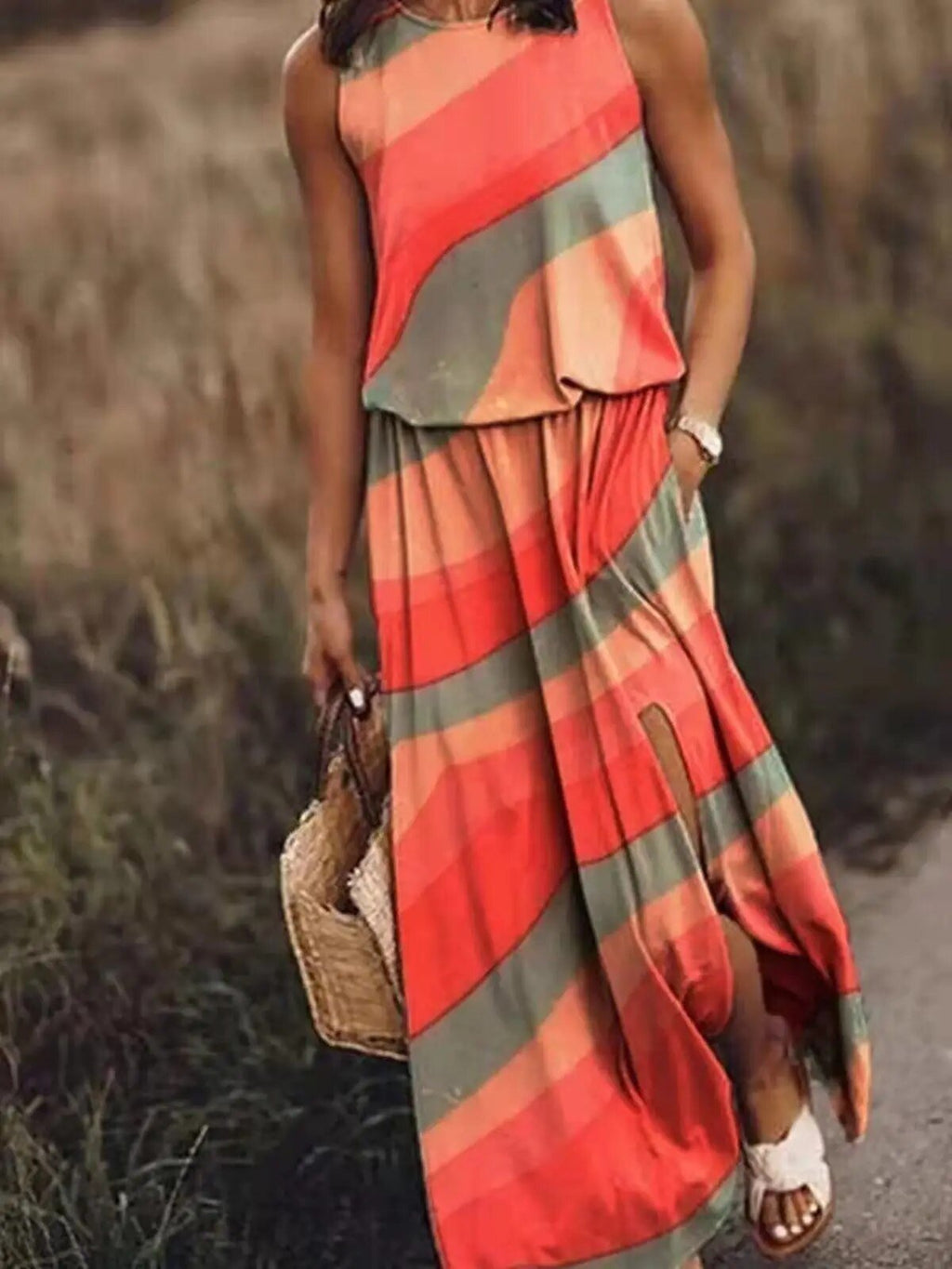 Sleeveless Maxi Dress Elastic Waist Boho Summer Floral - Orange