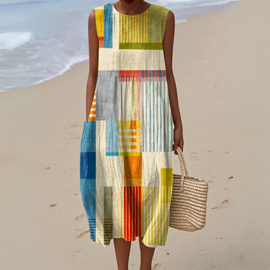 Sleeveless Maxi Dress Geometric Print A-Line Summer - Multicolor