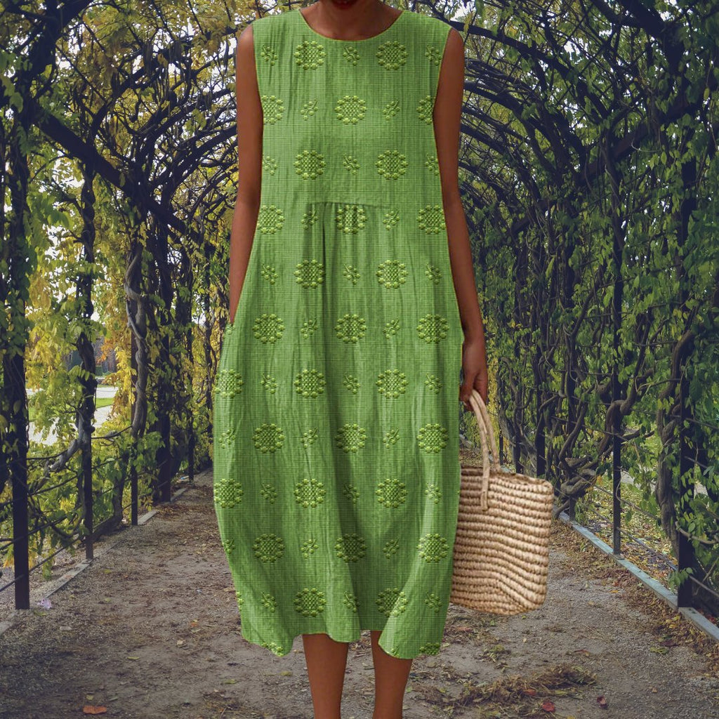 Sleeveless Midi Dress Cotton Embroidered Crinkle Texture - Green