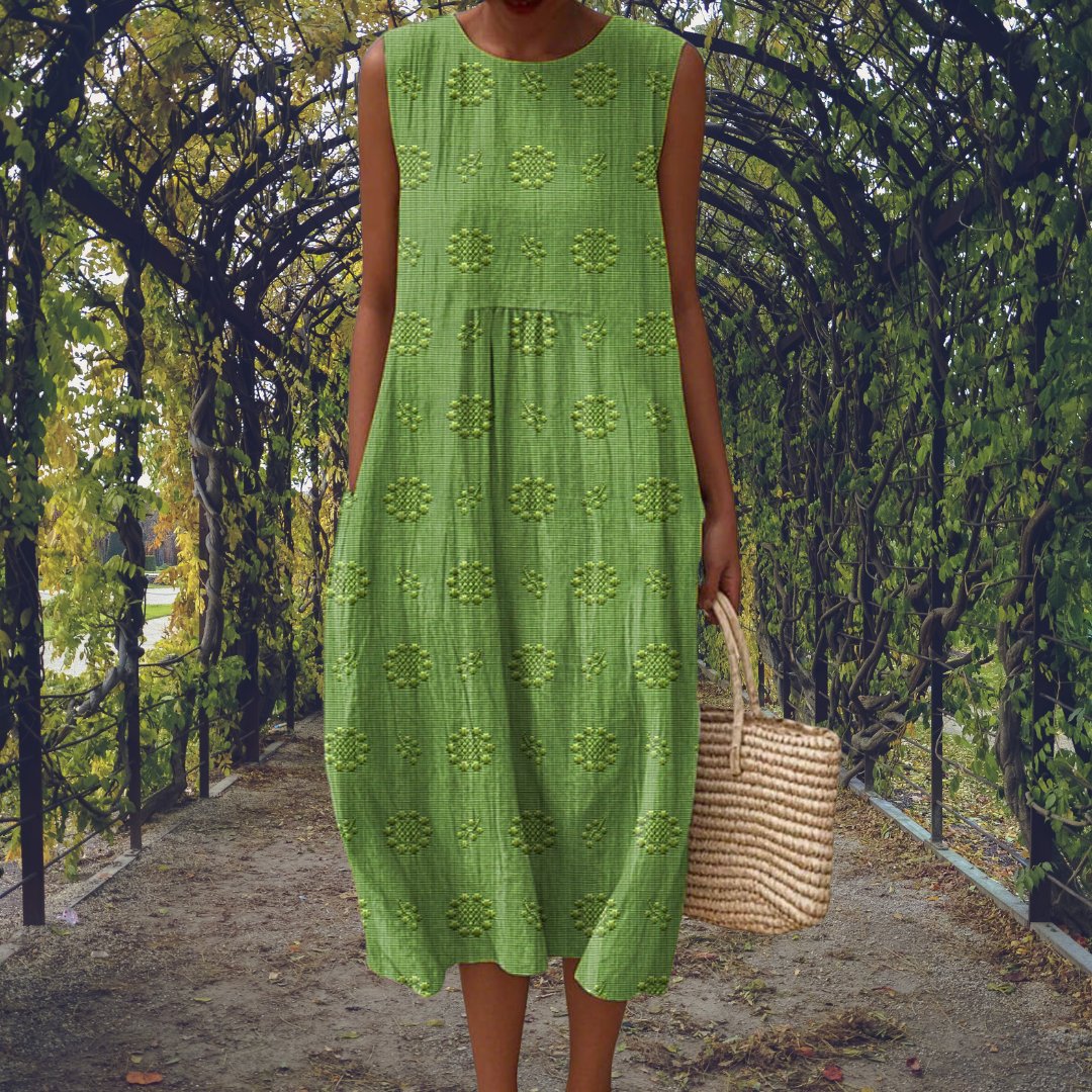 Sleeveless Midi Dress Cotton Embroidered Crinkle Texture - Green