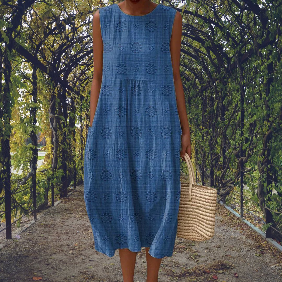 Sleeveless Midi Dress Cotton Embroidered Crinkle Texture - Blue