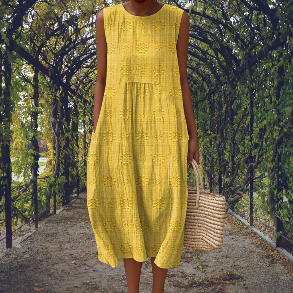 Sleeveless Midi Dress Cotton Embroidered Crinkle Texture - Yellow
