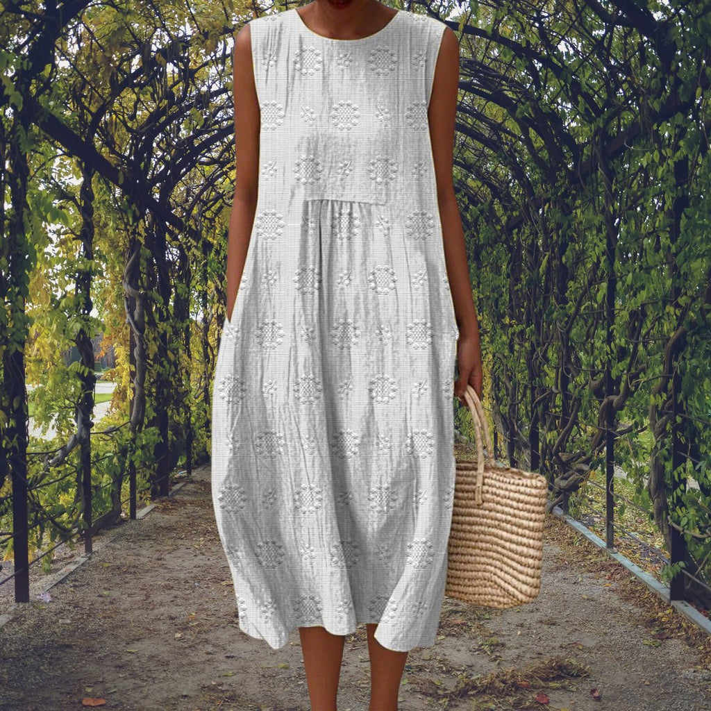 Sleeveless Midi Dress Cotton Embroidered Crinkle Texture - White