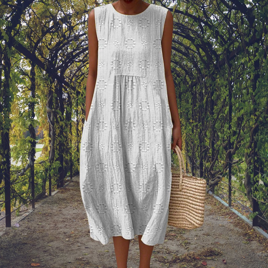 Sleeveless Midi Dress Cotton Embroidered Crinkle Texture - White