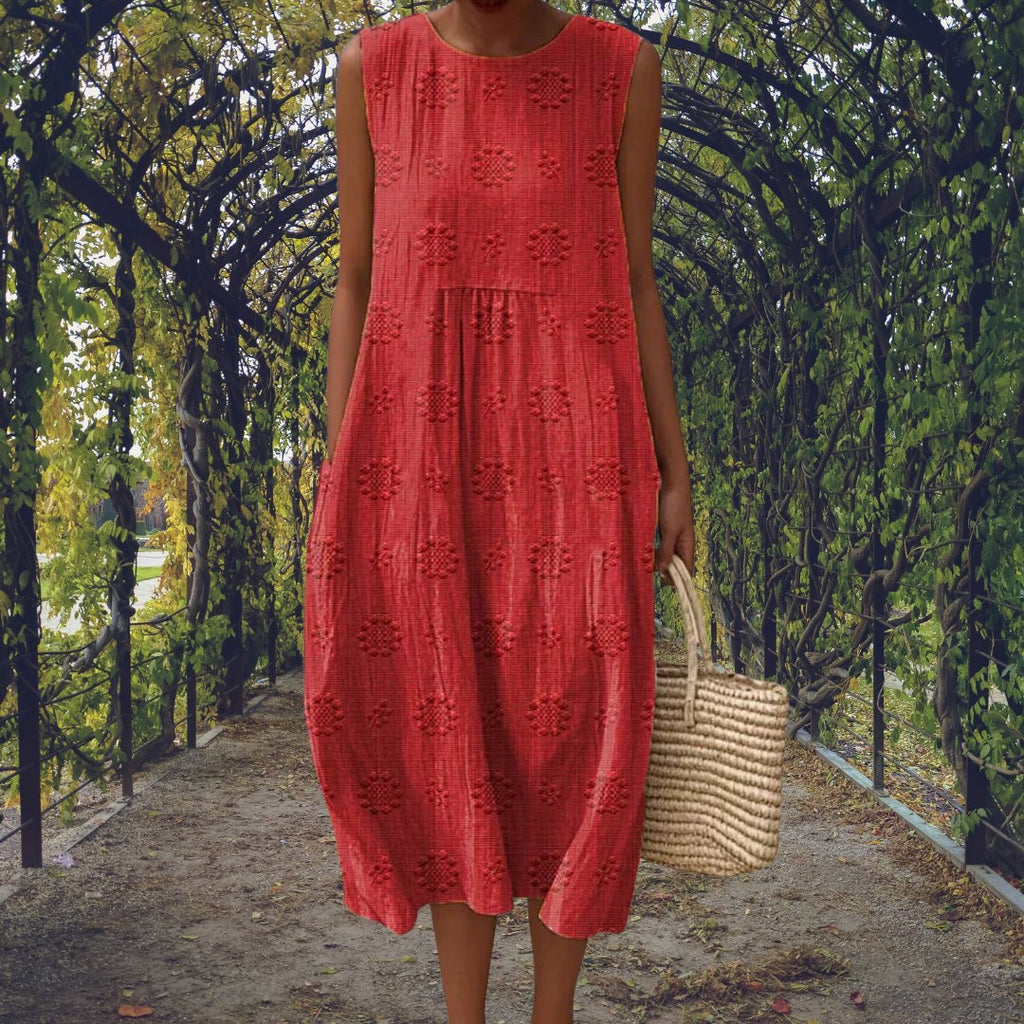 Sleeveless Midi Dress Cotton Embroidered Crinkle Texture - Red