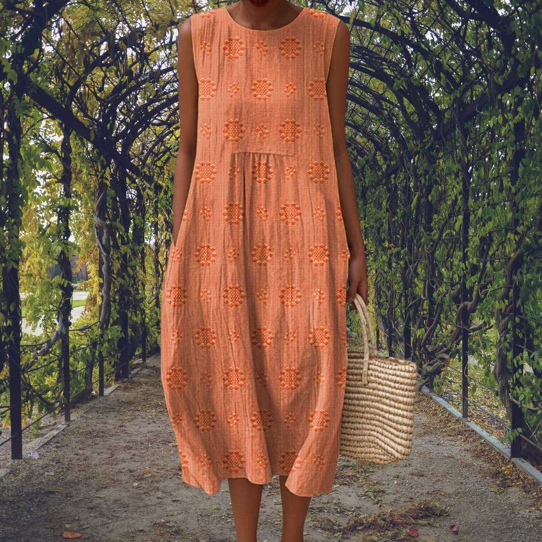 Sleeveless Midi Dress Cotton Embroidered Crinkle Texture - Orange