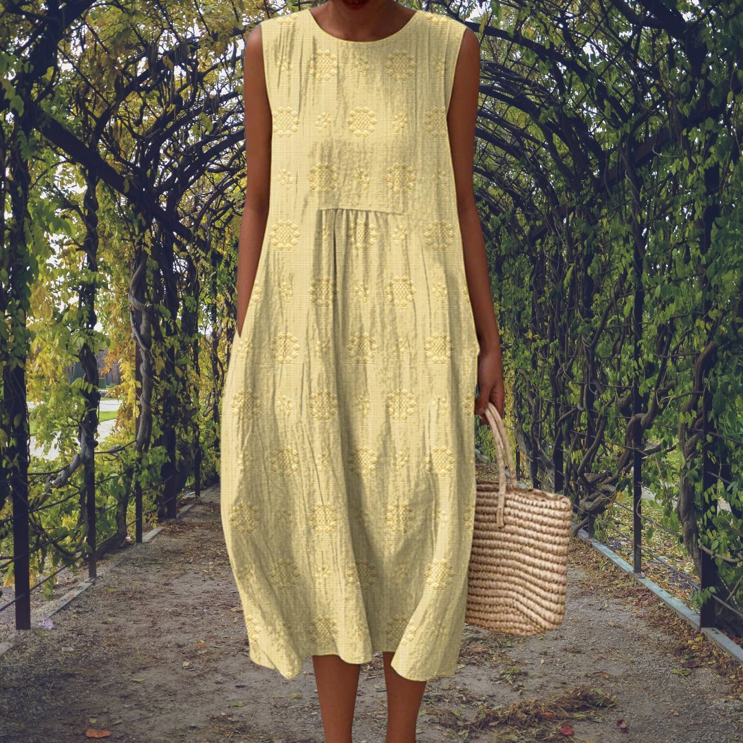 Sleeveless Midi Dress Cotton Embroidered Crinkle Texture - Light Yellow