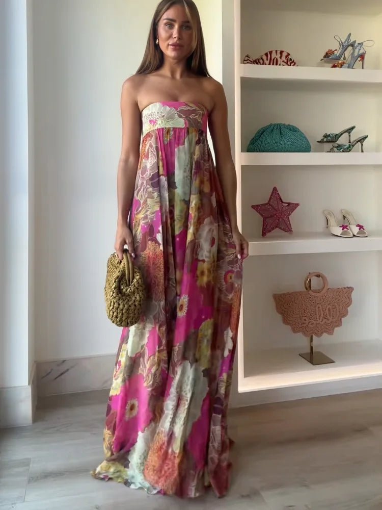 Strapless Maxi Dress Floral Print Wedding Guest Floor Length