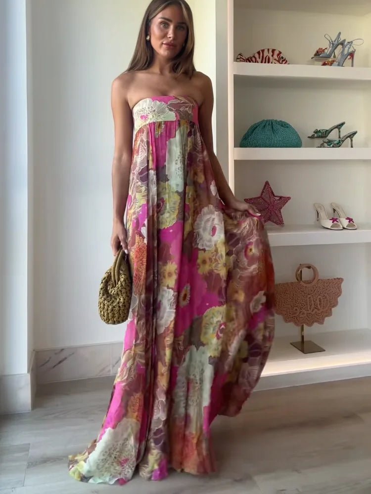 Strapless Maxi Dress Floral Print Wedding Guest Floor Length