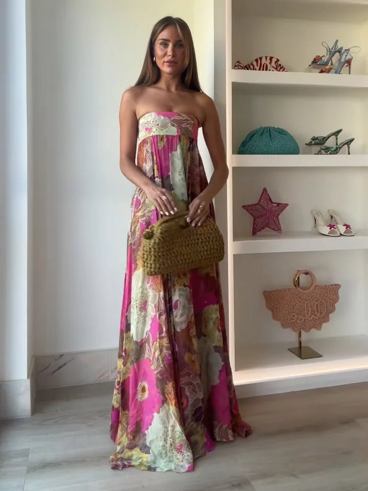 Strapless Maxi Dress Floral Print Wedding Guest Floor Length