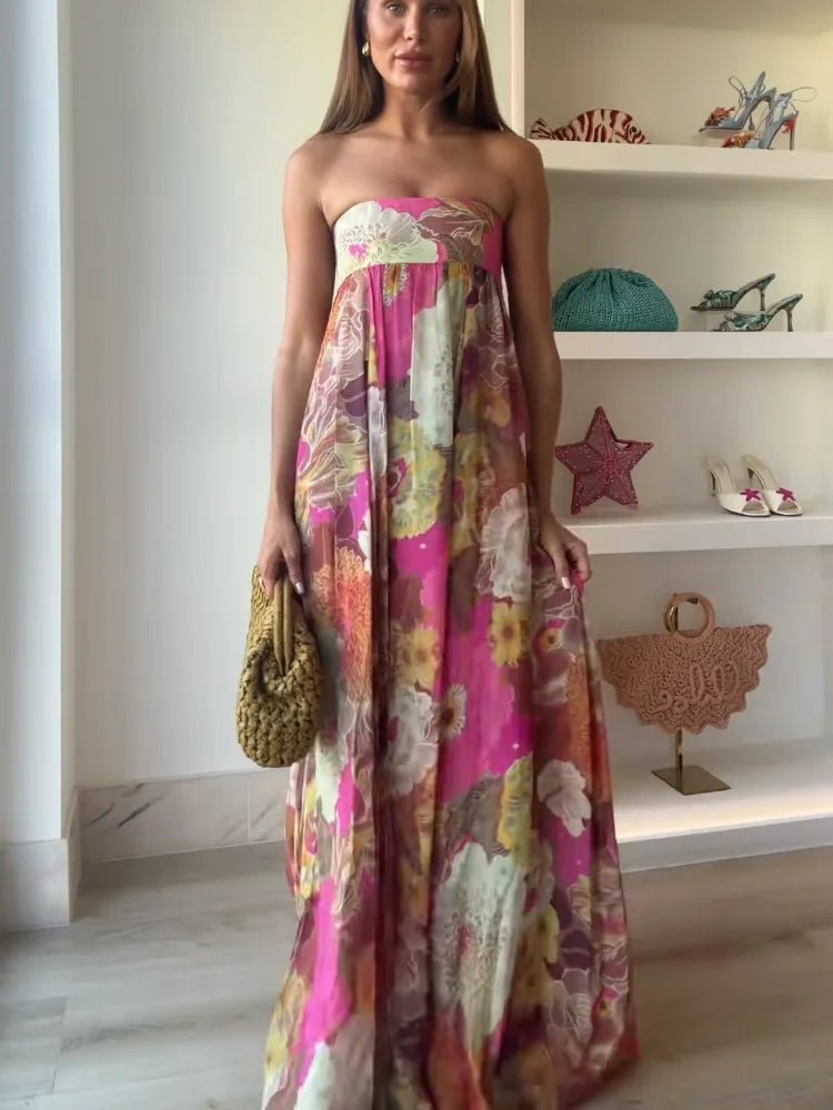 Strapless Maxi Dress Floral Print Wedding Guest Floor Length