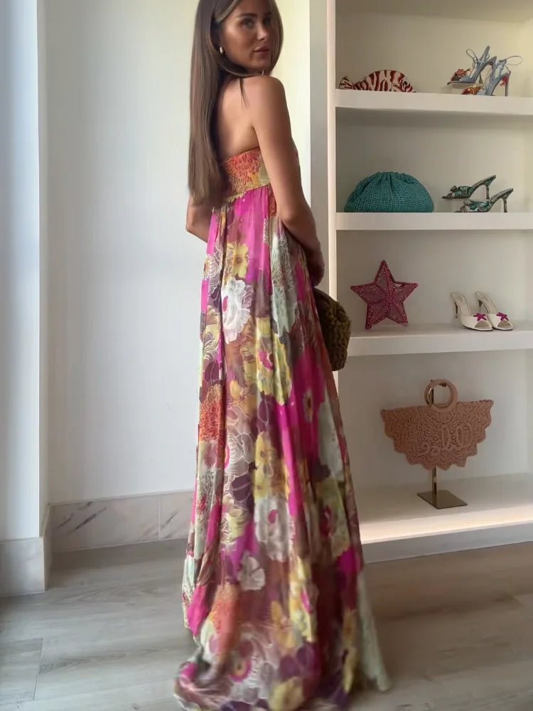 Strapless Maxi Dress Floral Print Wedding Guest Floor Length