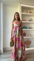 Strapless Maxi Dress Floral Print Wedding Guest Floor Length - Multicolor