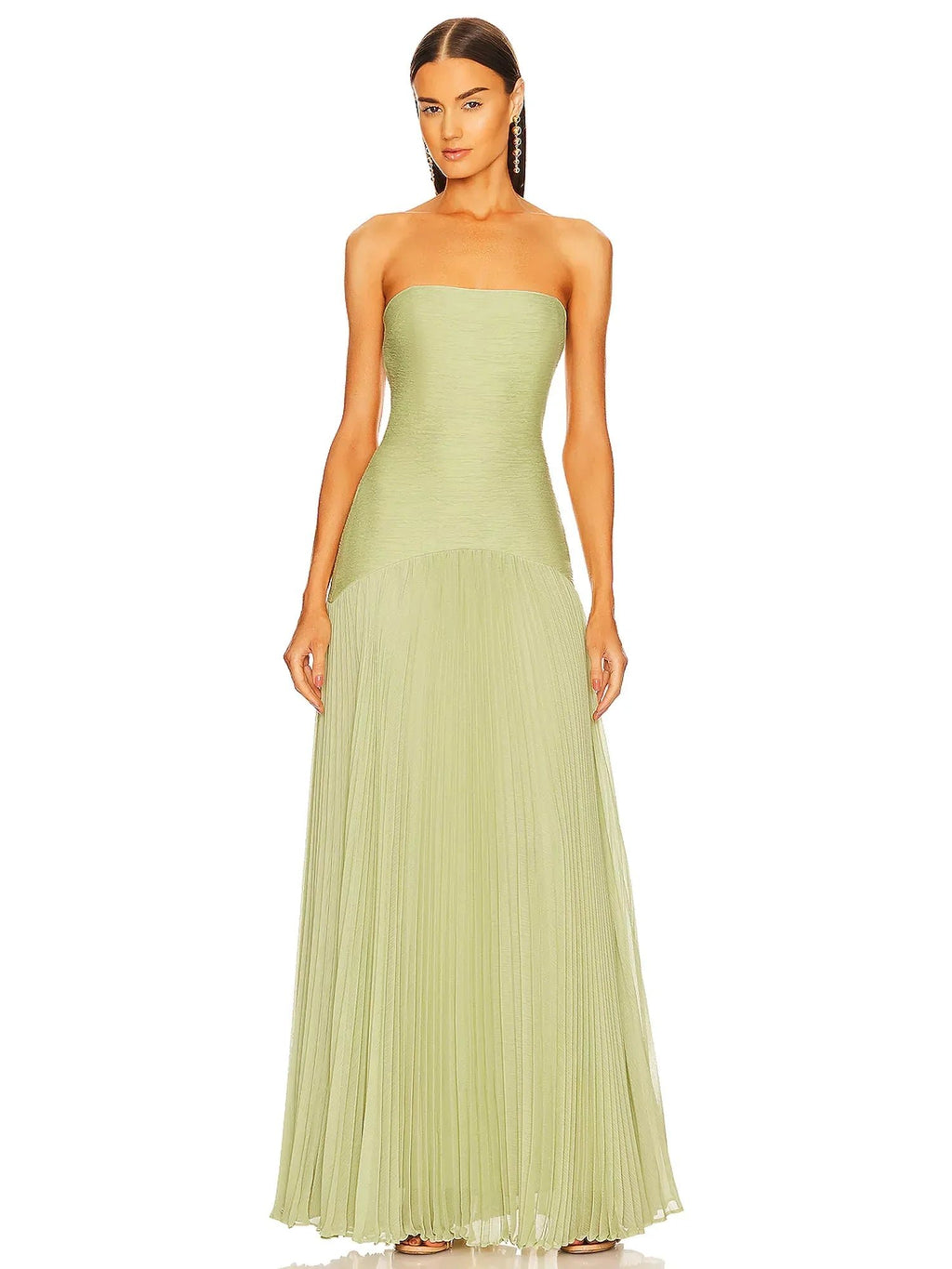 Strapless Pleated Maxi Dress Fitted Bodice Evening Formal - Green