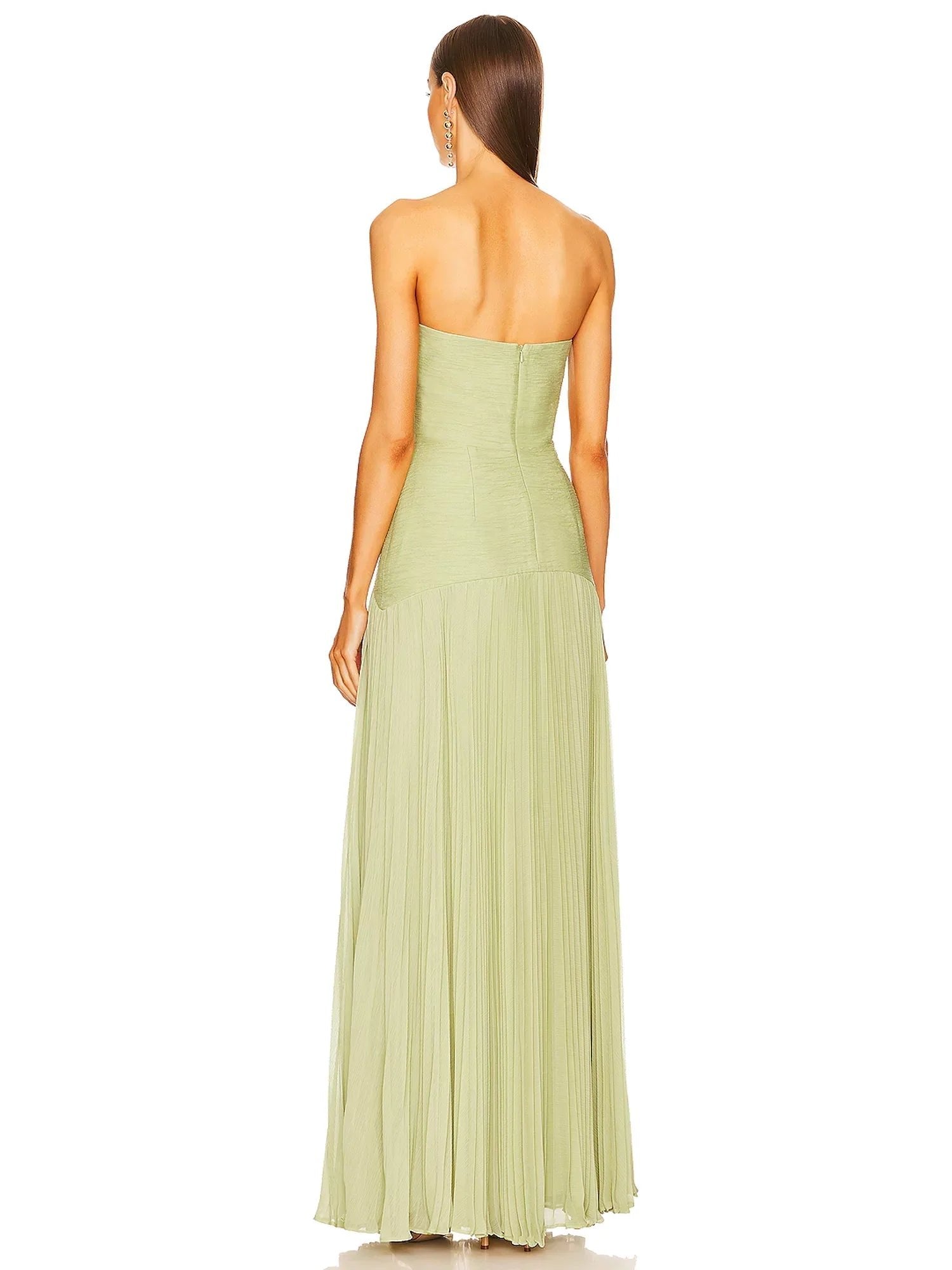 Strapless Pleated Maxi Dress Fitted Bodice Evening Formal