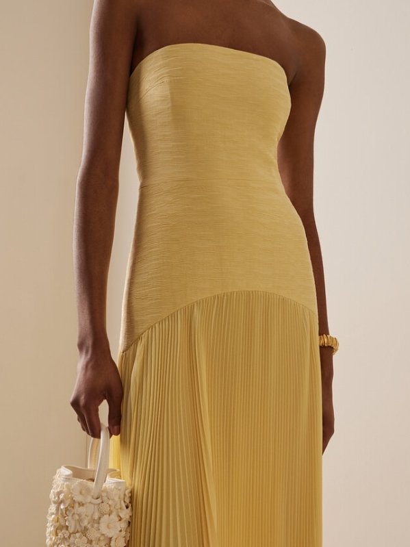 Strapless Pleated Maxi Dress Fitted Bodice Evening Formal