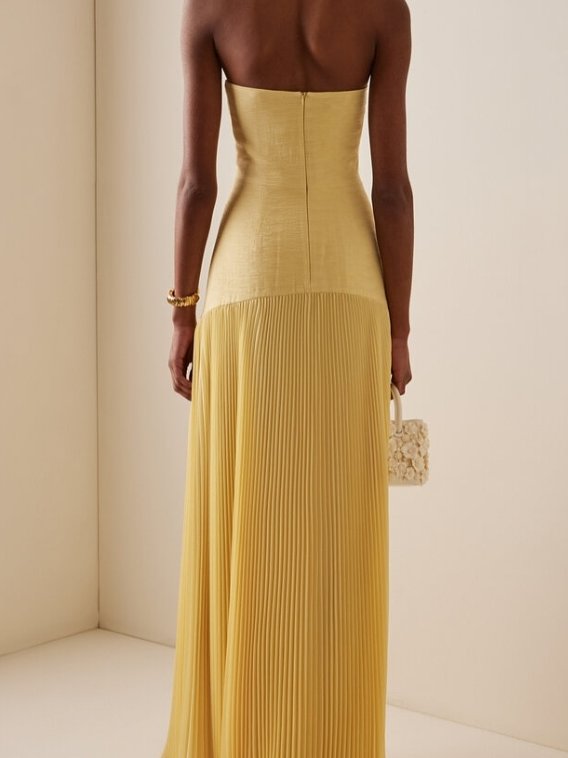 Strapless Pleated Maxi Dress Fitted Bodice Evening Formal