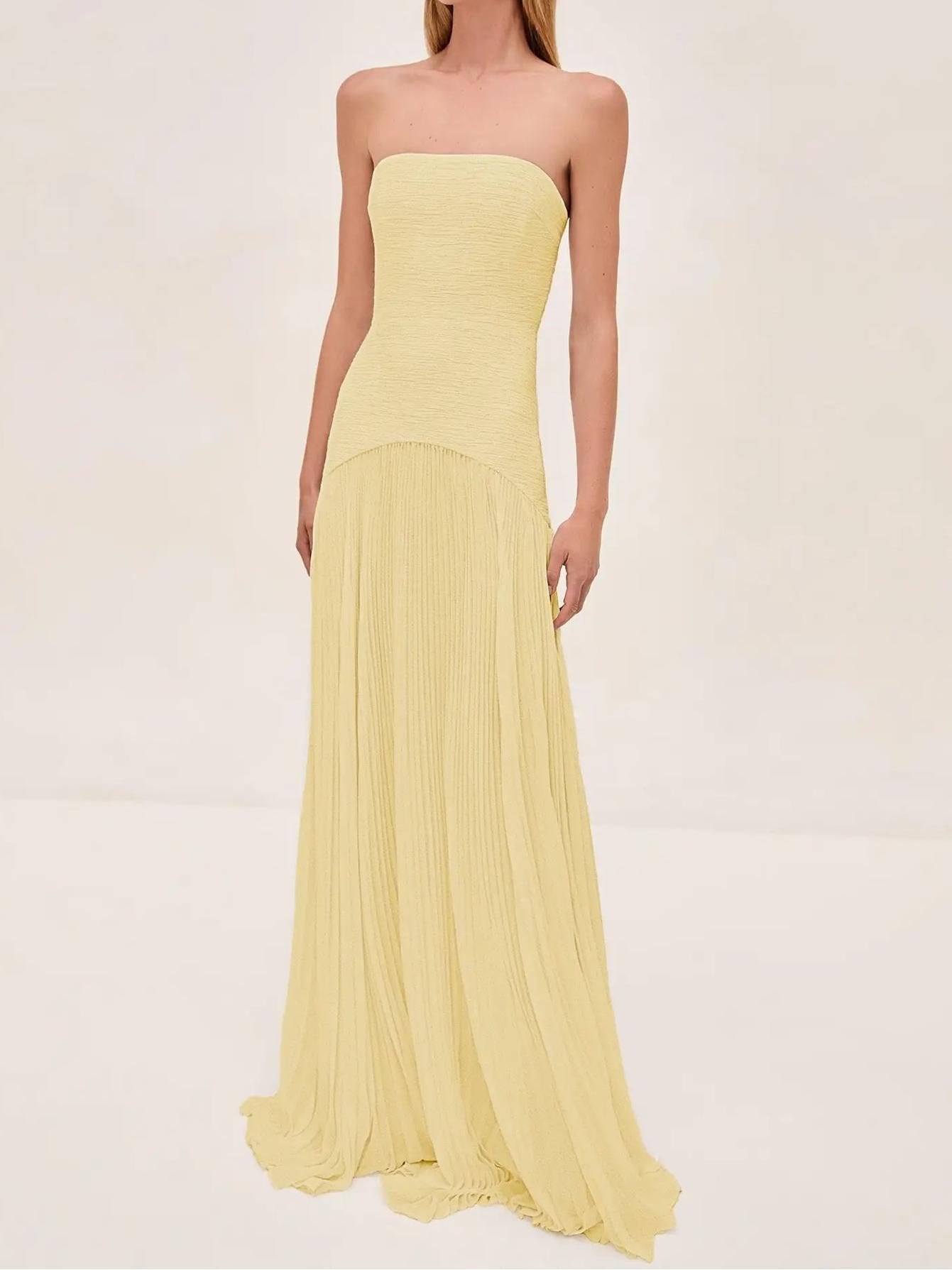 Strapless Pleated Maxi Dress Fitted Bodice Evening Formal - Yellow