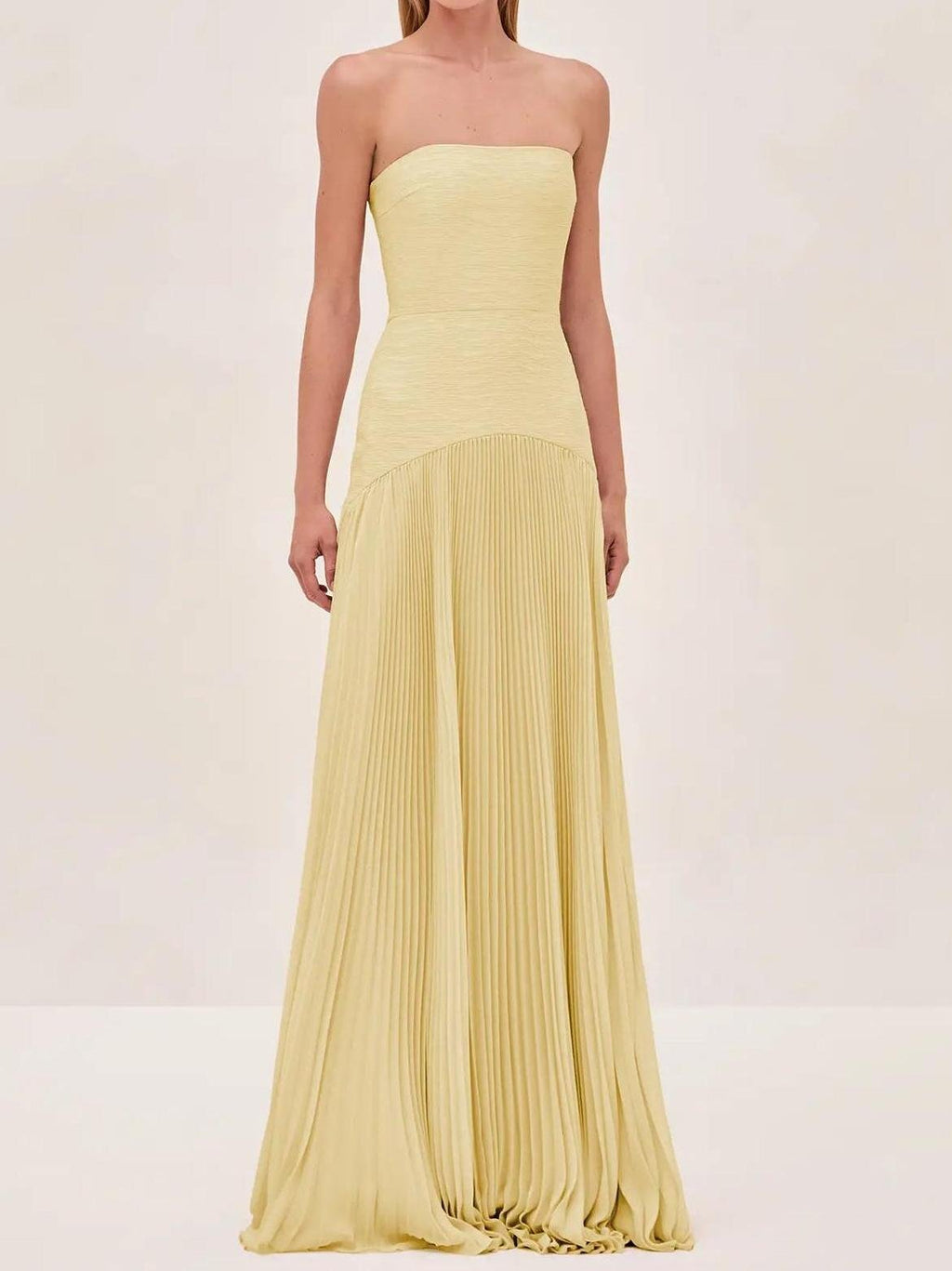 Strapless Pleated Maxi Dress Fitted Bodice Evening Formal