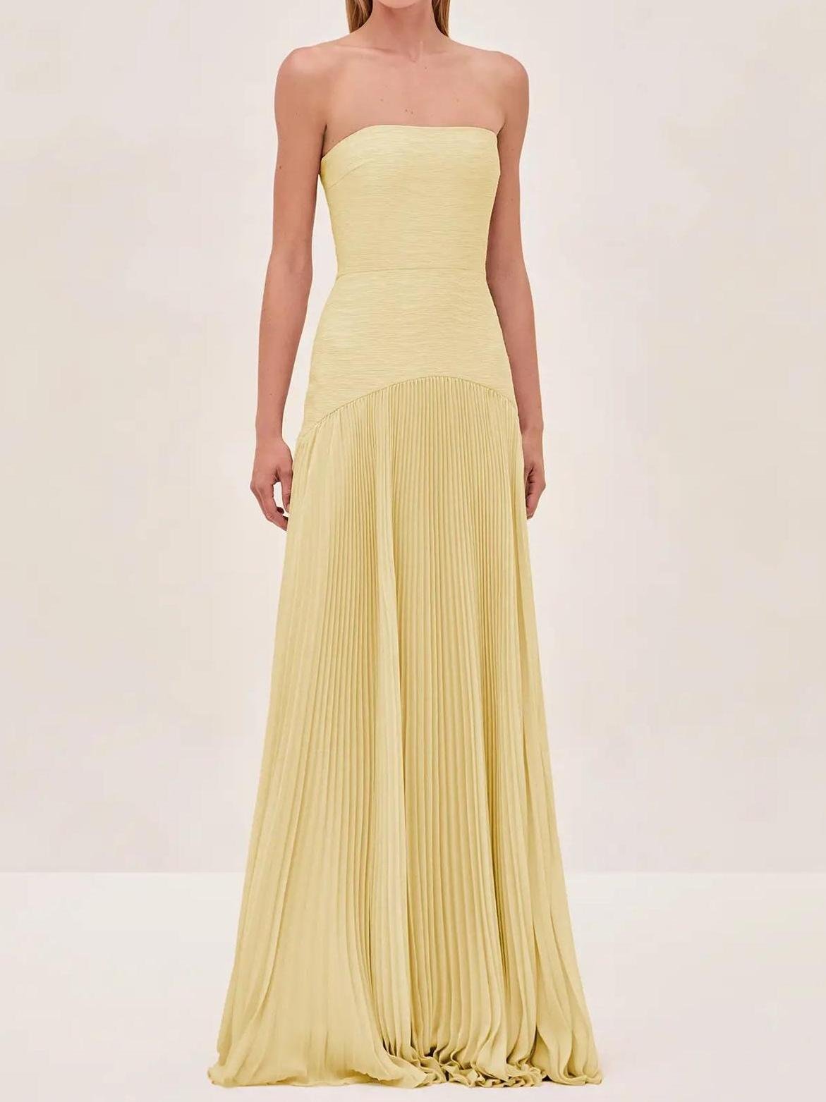 Strapless Pleated Maxi Dress Fitted Bodice Evening Formal
