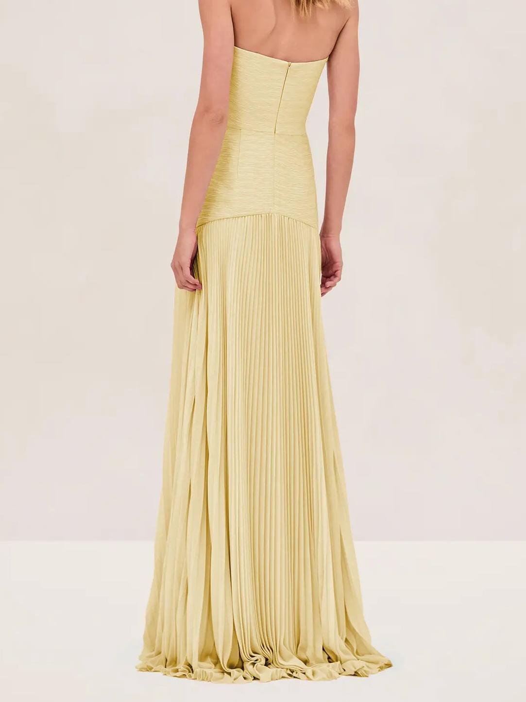 Strapless Pleated Maxi Dress Fitted Bodice Evening Formal