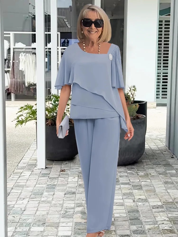 Two Piece Set Flutter Sleeve Top Wide Leg Pants Elegant - Light Blue