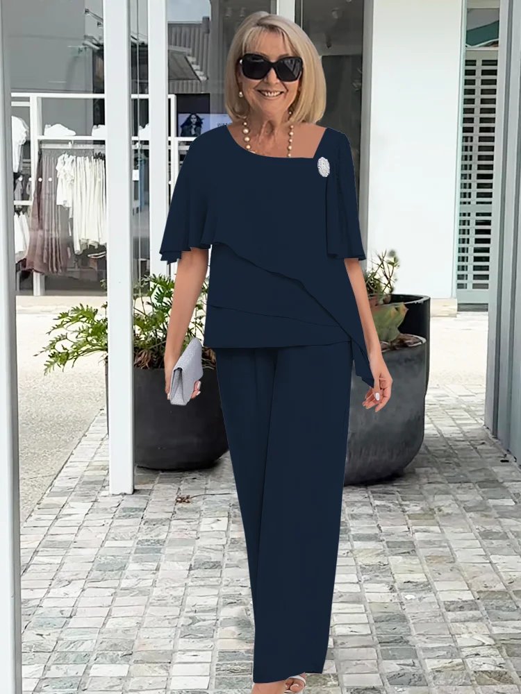 Two Piece Set Flutter Sleeve Top Wide Leg Pants Elegant - Navy Blue