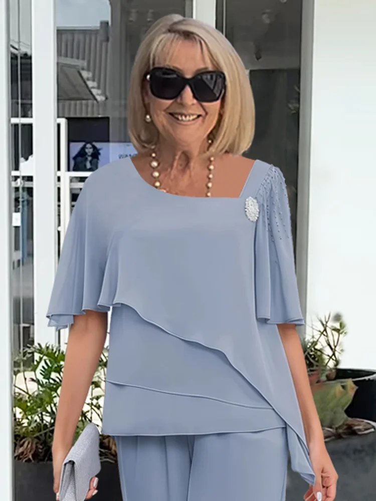 Two Piece Set Flutter Sleeve Top Wide Leg Pants Elegant