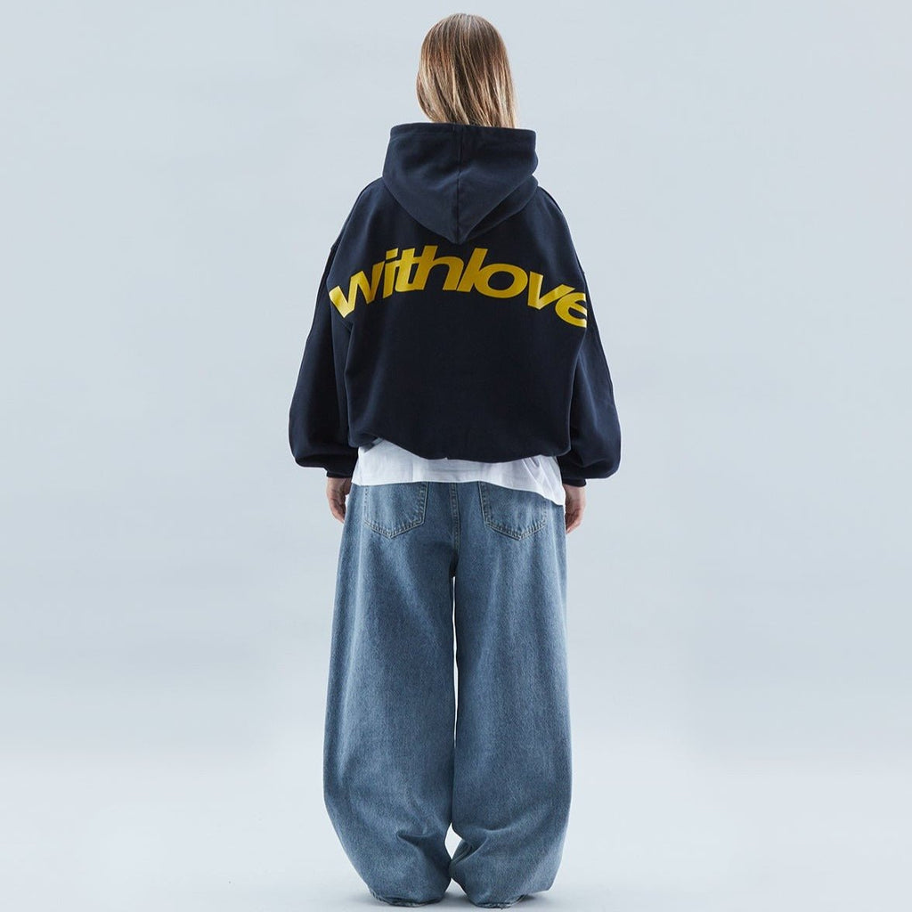 Unisex Oversized With Love Graphic Pullover Hoodie - Navy