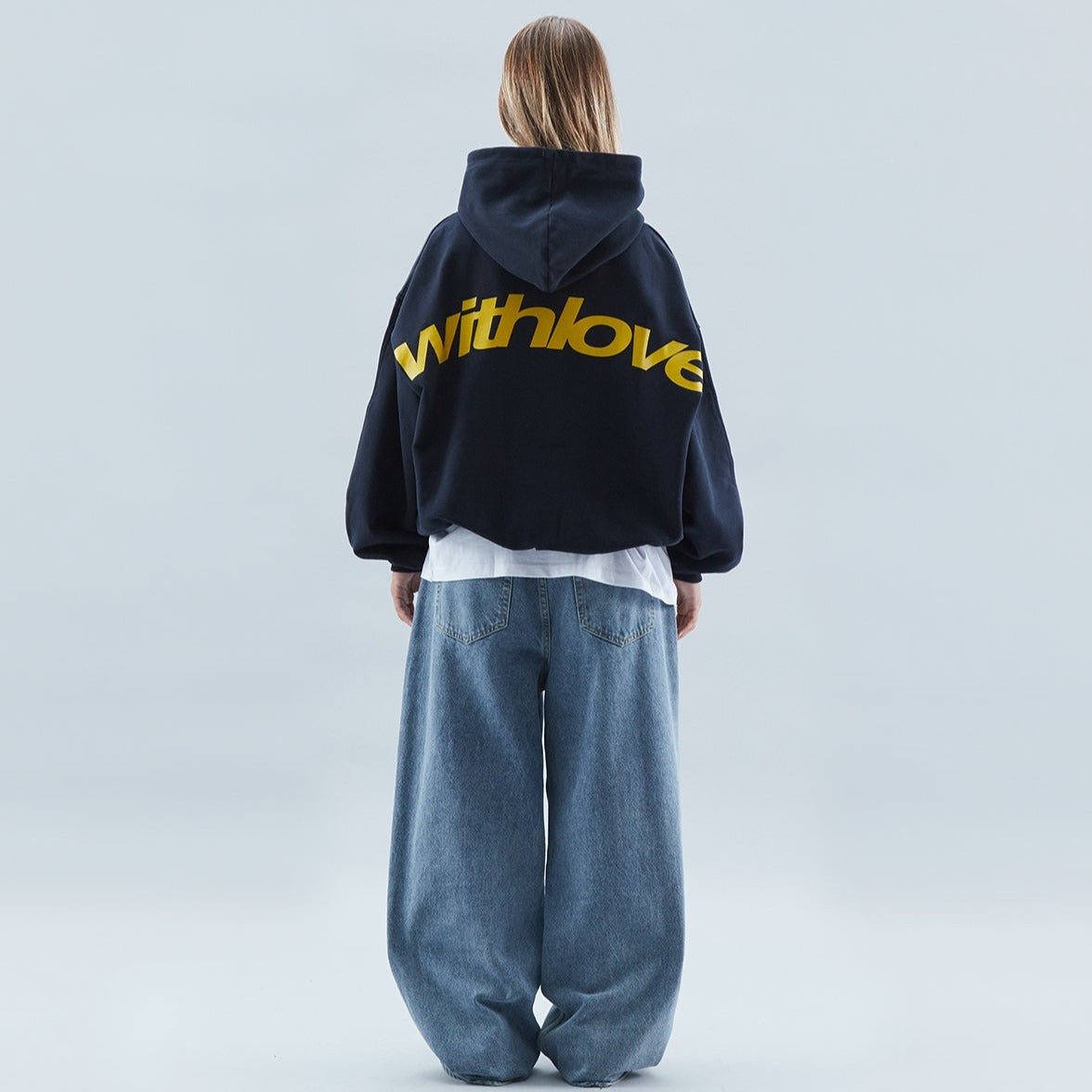 Unisex Oversized With Love Graphic Pullover Hoodie - Navy
