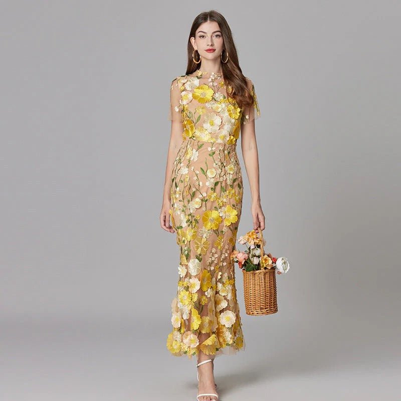 Women's 3D Floral Applique Sleeveless Maxi Dress - Yellow