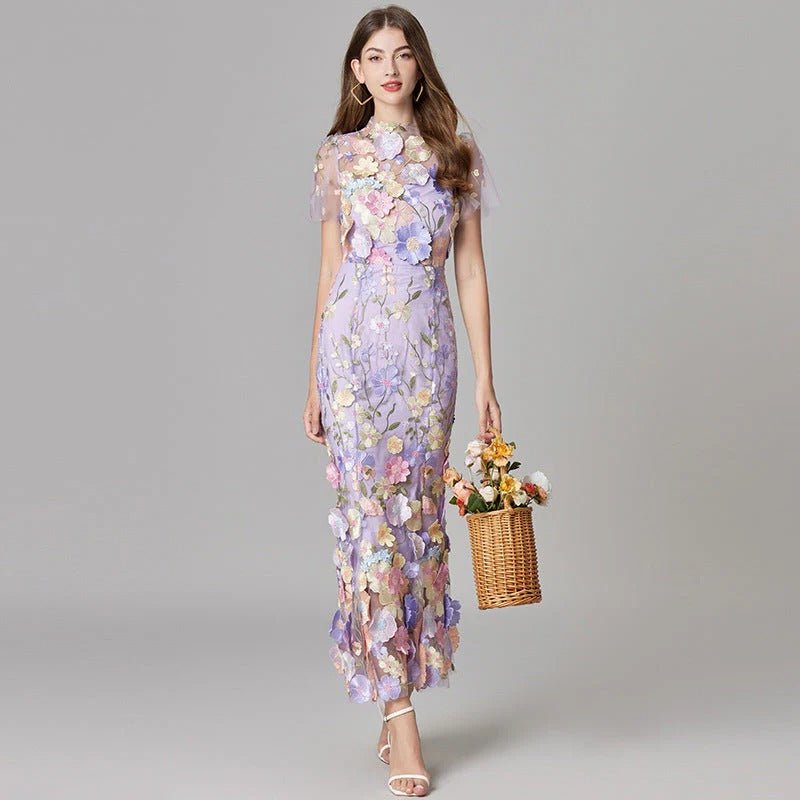 Women's 3D Floral Applique Sleeveless Maxi Dress - Purple