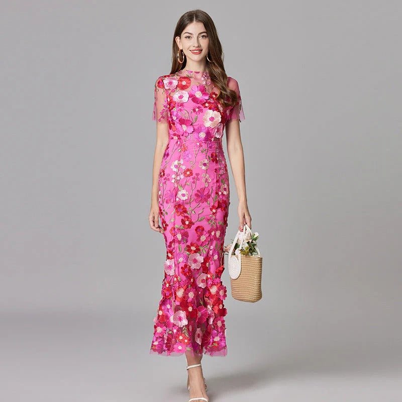 Women's 3D Floral Applique Sleeveless Maxi Dress - Pink