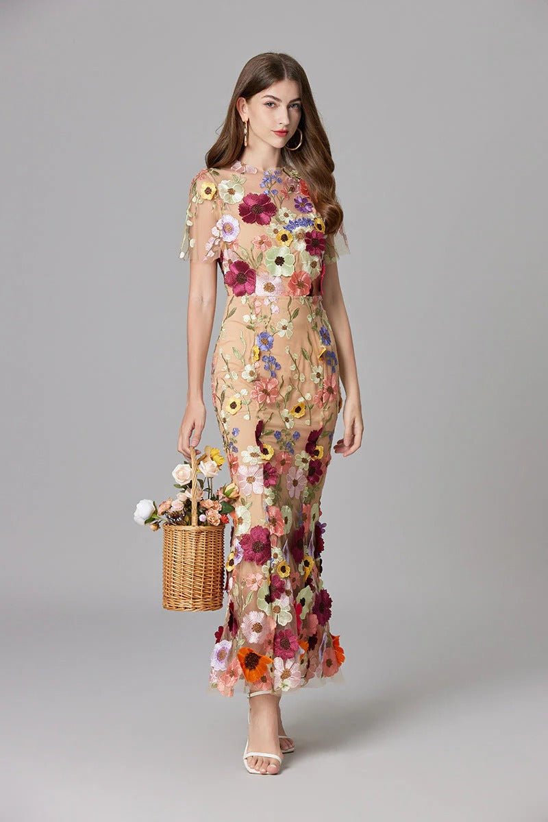 Women's 3D Floral Applique Sleeveless Maxi Dress