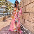 Women's Abstract Print Deep V-Neck Tie-Waist Maxi Dress with Front Slit - Light Pink