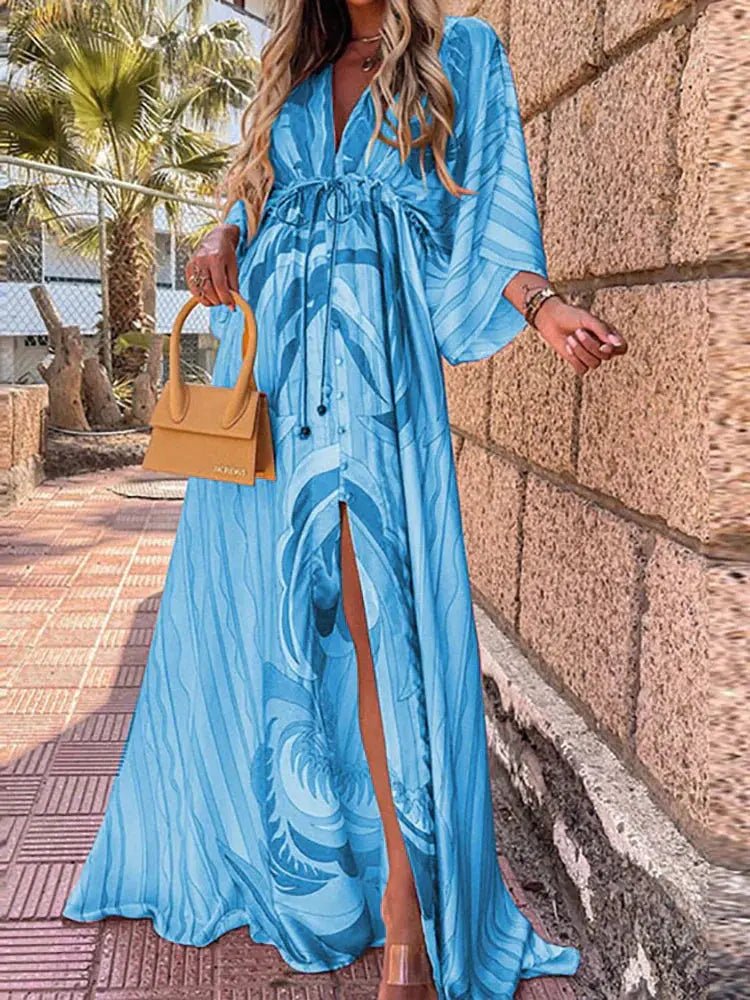 Women's Abstract Print Deep V-Neck Tie-Waist Maxi Dress with Front Slit - Blue