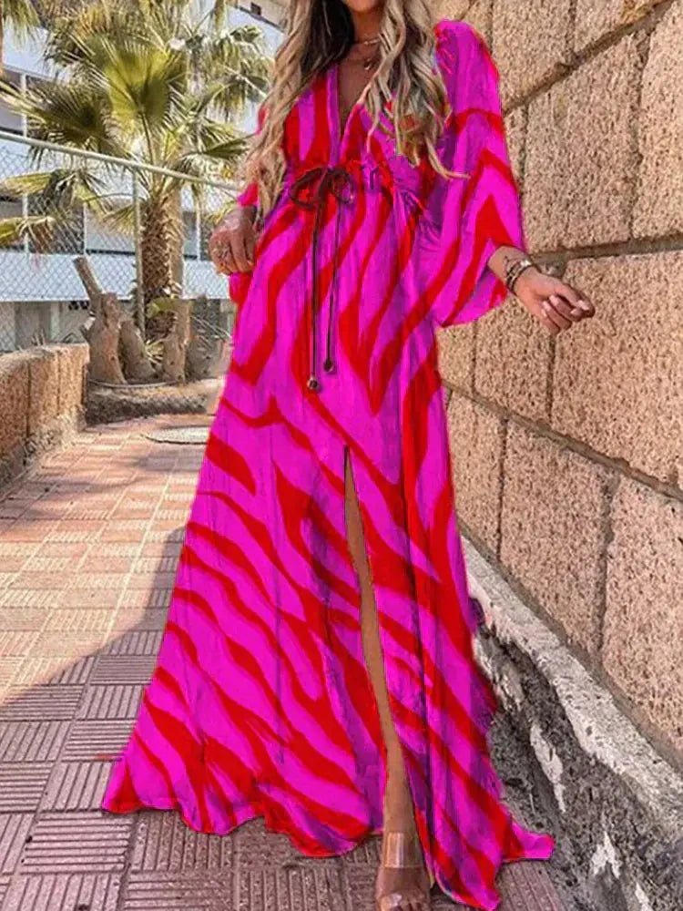Women's Abstract Print Deep V-Neck Tie-Waist Maxi Dress with Front Slit - Rose Red