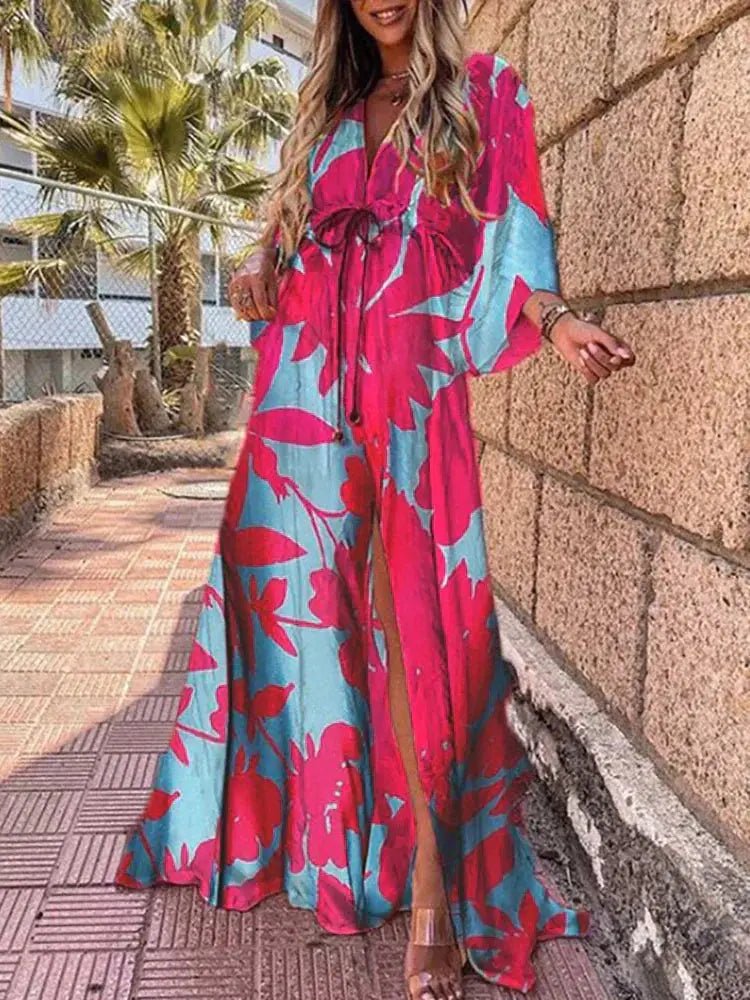 Women's Abstract Print Deep V-Neck Tie-Waist Maxi Dress with Front Slit - Blue-pink