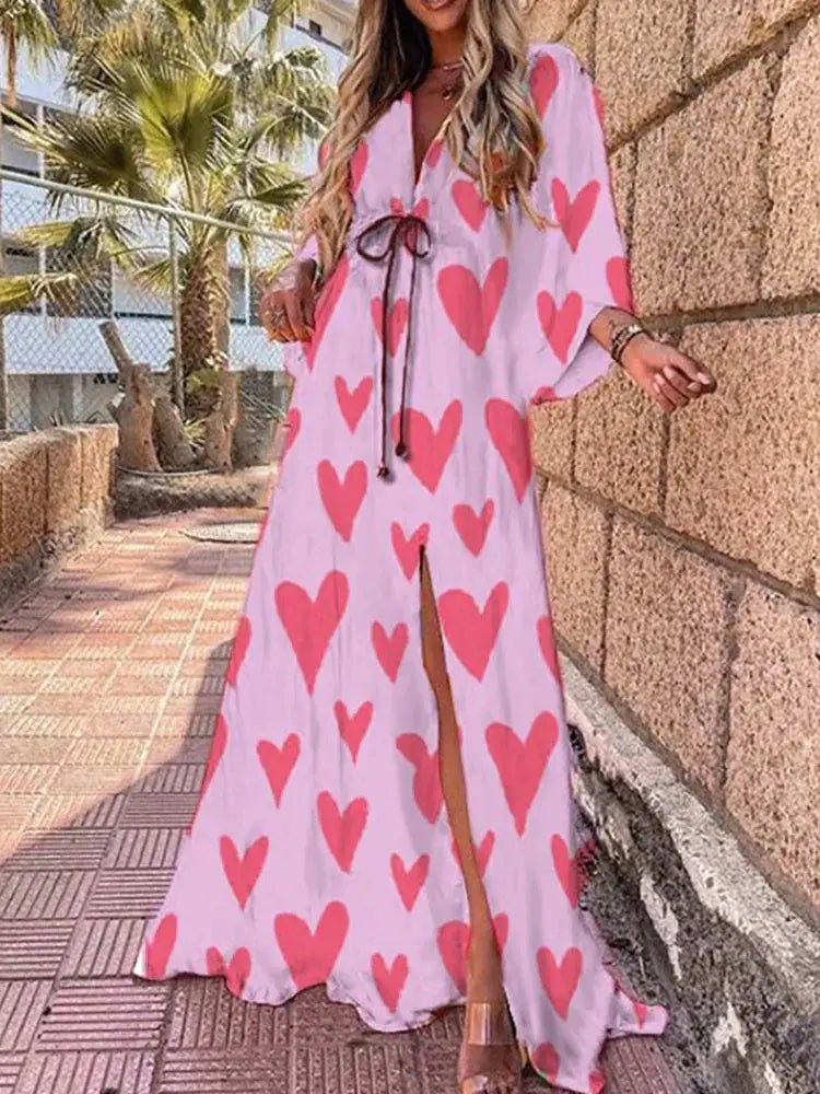 Women's Abstract Print Deep V-Neck Tie-Waist Maxi Dress with Front Slit - Rose