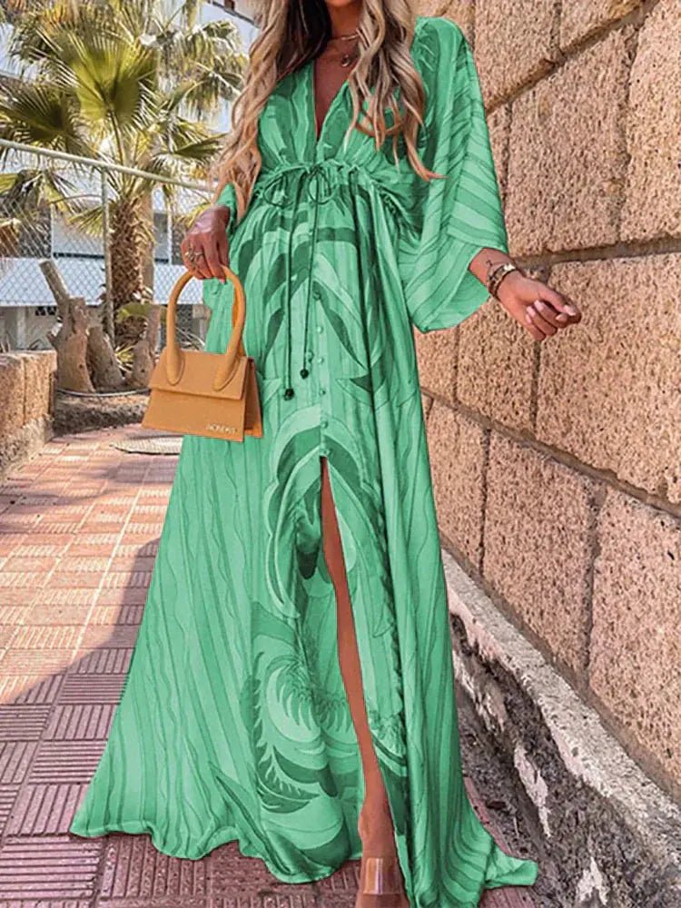 Women's Abstract Print Deep V-Neck Tie-Waist Maxi Dress with Front Slit - Green