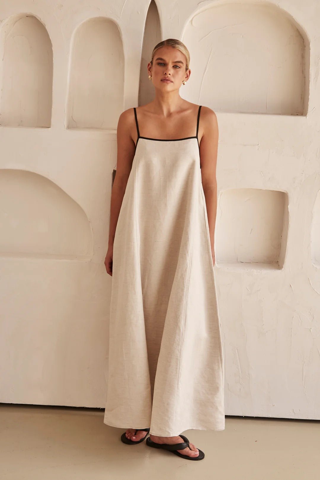 Women's Adjustable-Strap Linen Contrast-Trim Maxi Dress - Cream