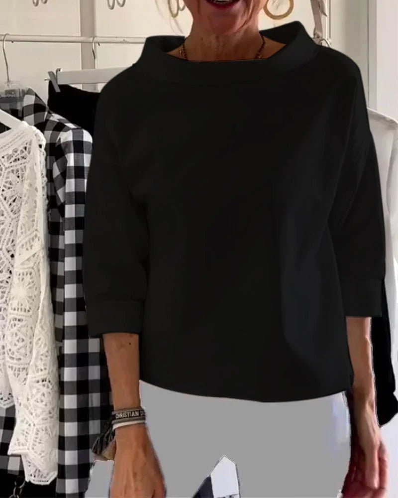 Women's Bateau Neck 3/4 Sleeve Relaxed-Fit Casual Top - Black