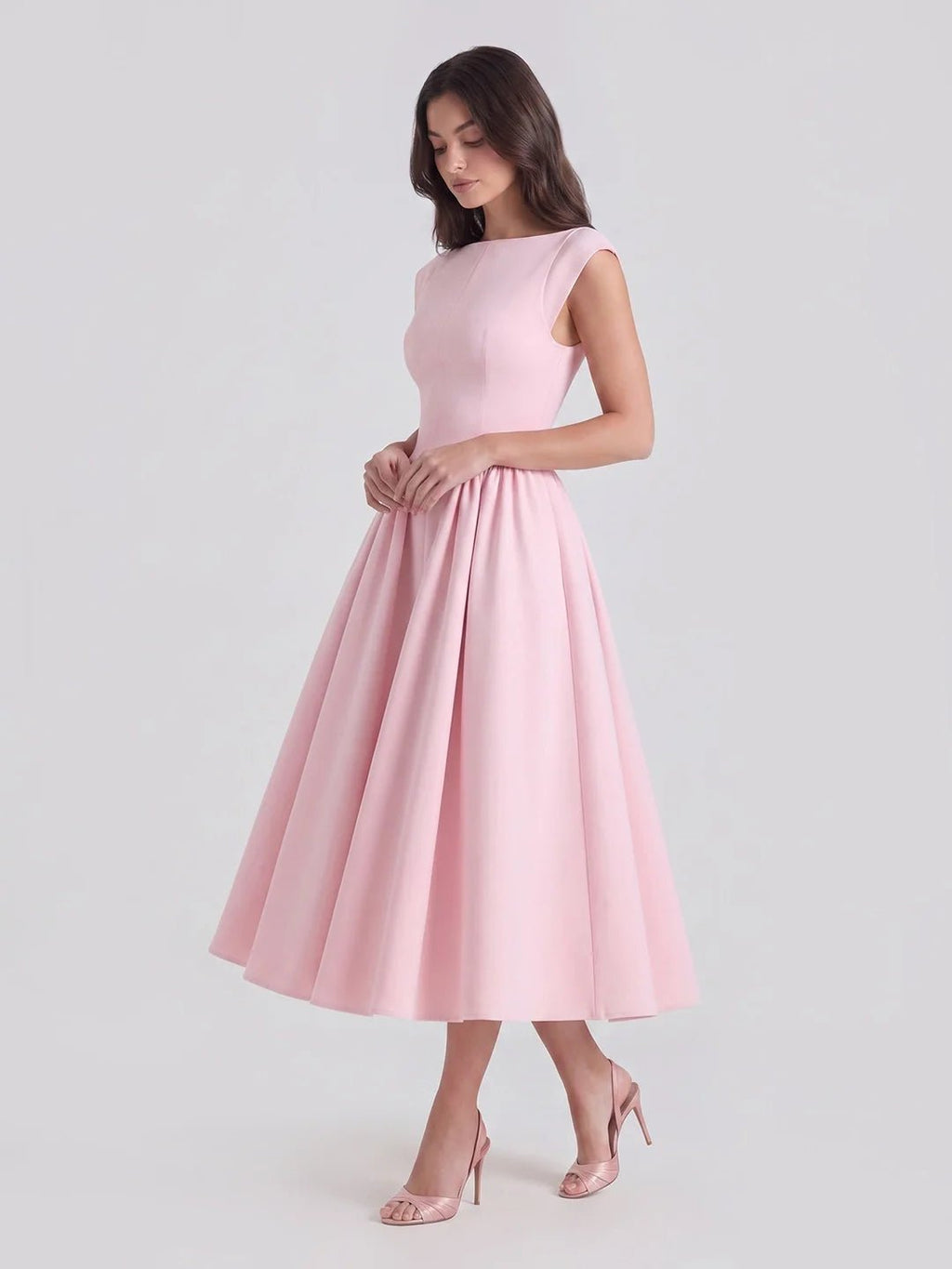 Women's Bateau Neck Cap Sleeve Satin Midi Dress - Soft Pink