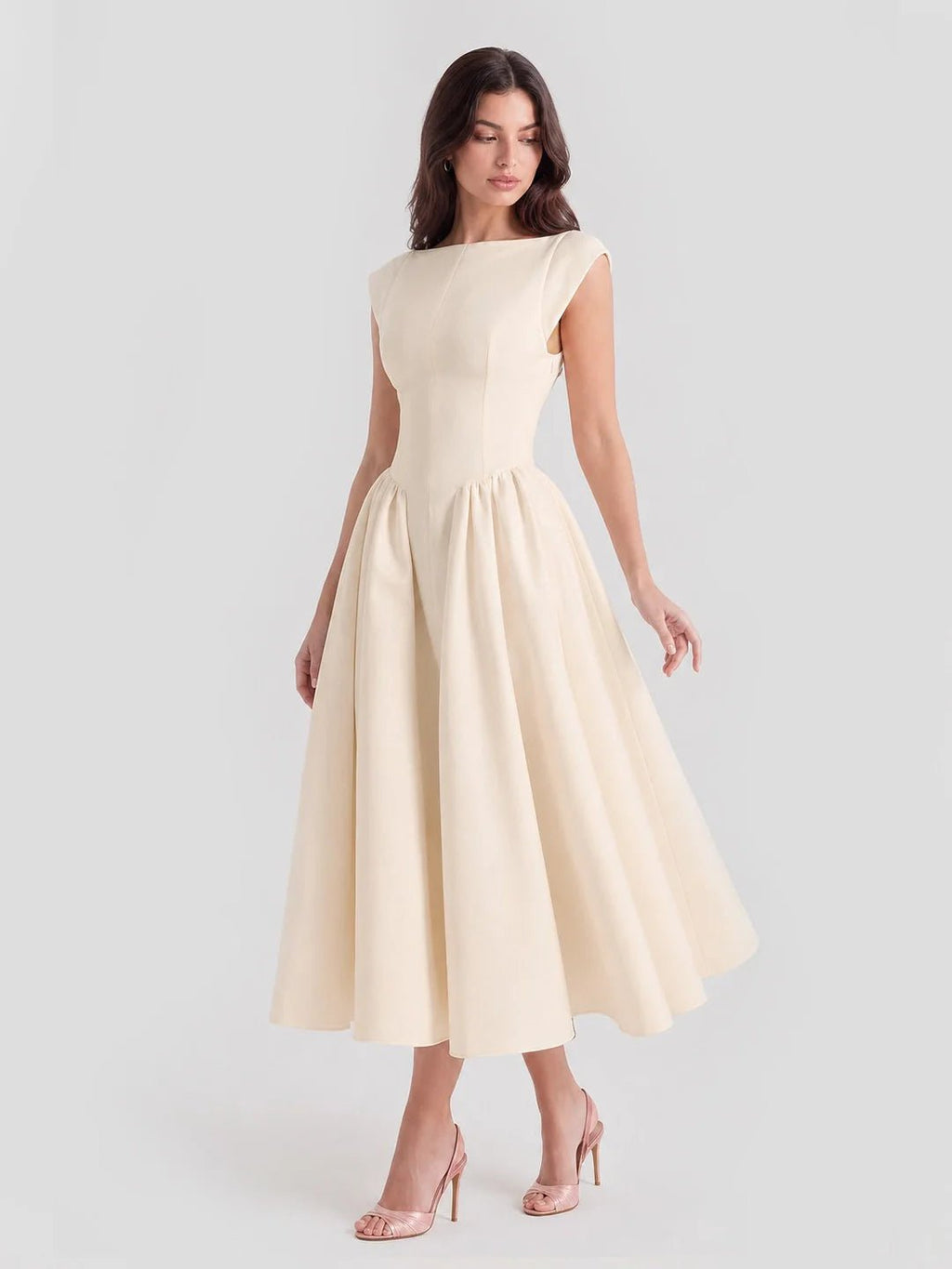 Women's Bateau Neck Cap Sleeve Satin Midi Dress - Beige