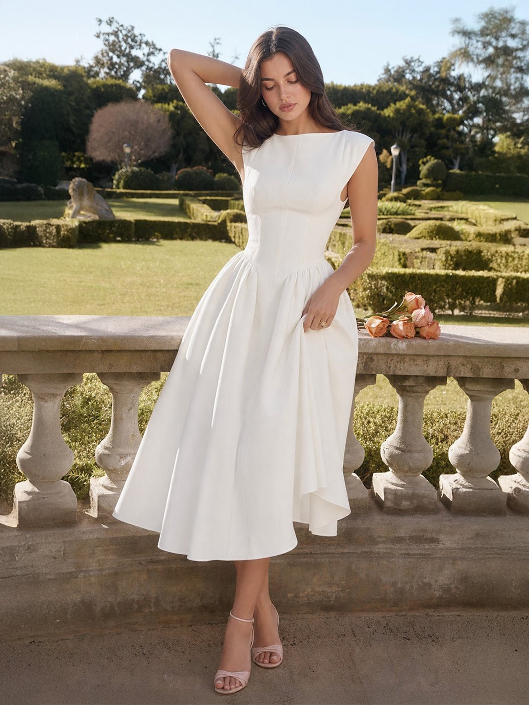 Women's Bateau Neck Cap Sleeve Satin Midi Dress