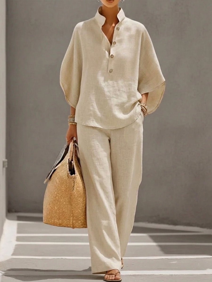 Women's Batwing Sleeve Wide-Leg Two-Piece Set - Beige