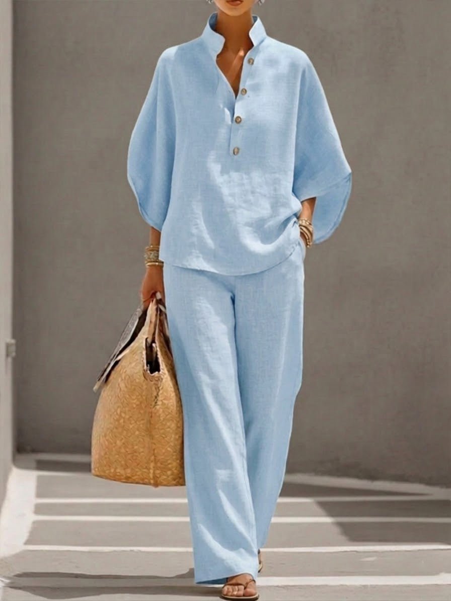 Women's Batwing Sleeve Wide-Leg Two-Piece Set - Light Blue