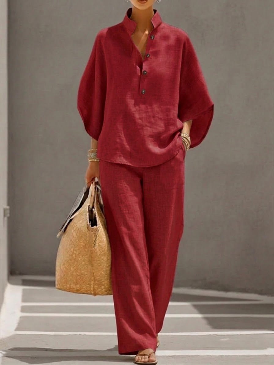 Women's Batwing Sleeve Wide-Leg Two-Piece Set - Red